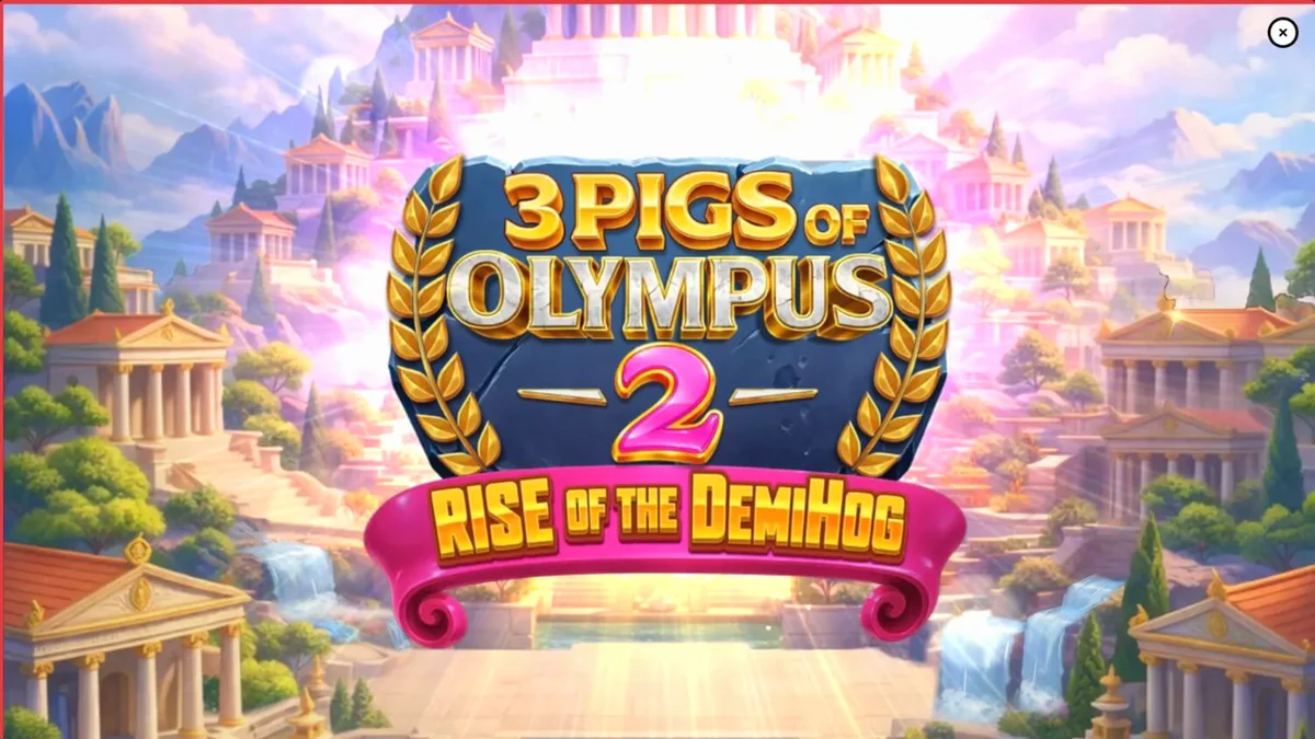 Tampilan visual slot 3 Pigs of Olympus 2 Rise of the DemiHog dengan tema dewa Yunani dan babi.