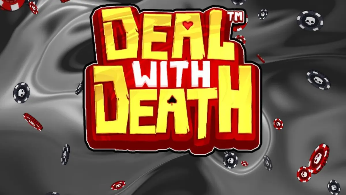 Tampilan visual slot Deal With Death dengan tema kasino futuristik dan karakter kerangka logam.